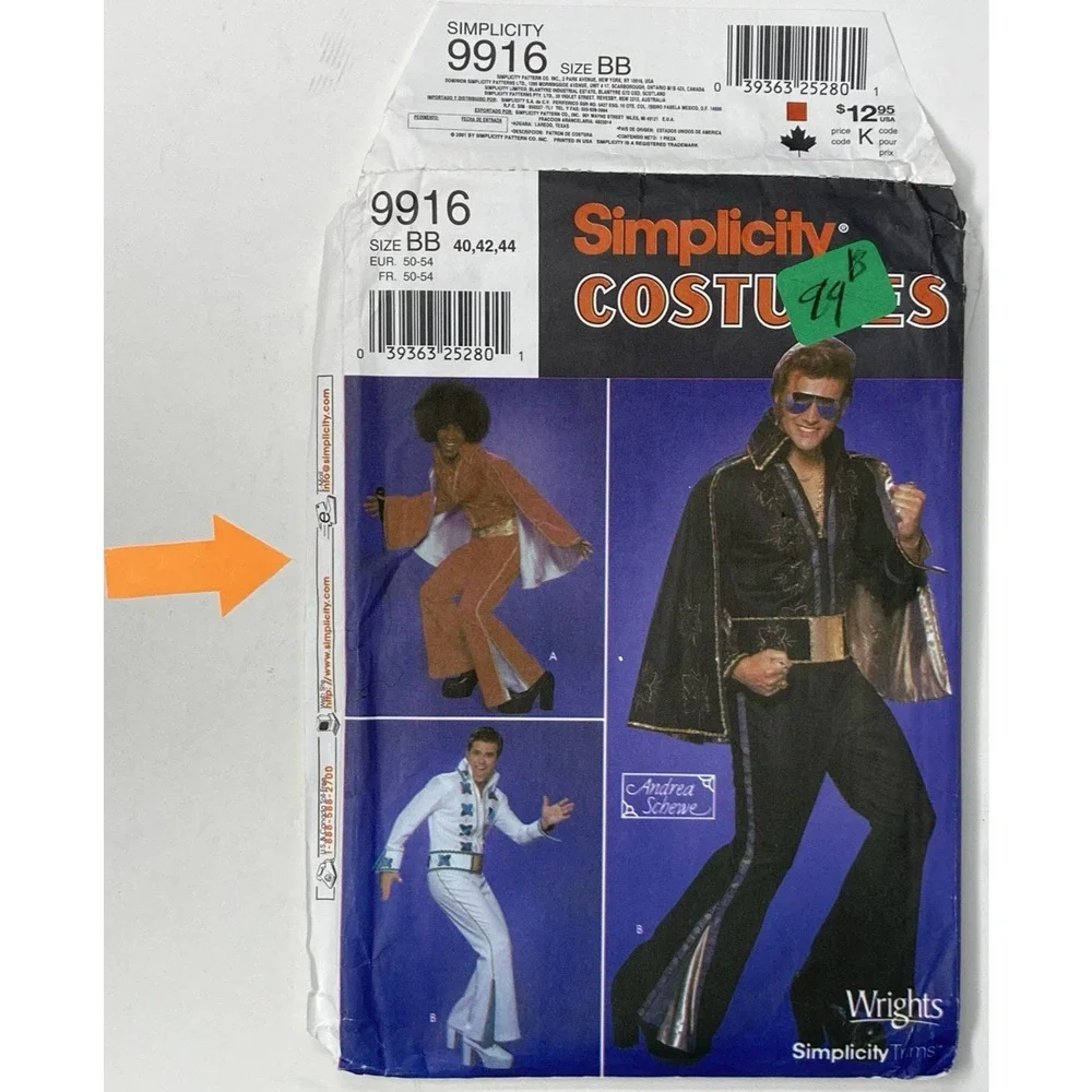 Simplicity 9916 Mens Elvis Michael Jackson Disco Jumpsuit & Cape 40-42-44 UNCUT